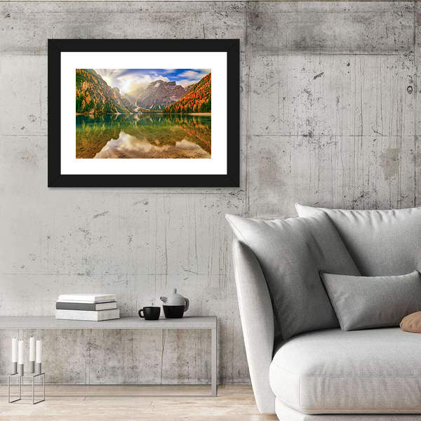 Autumn Reflection at Braies Lake Canvas Wall Art