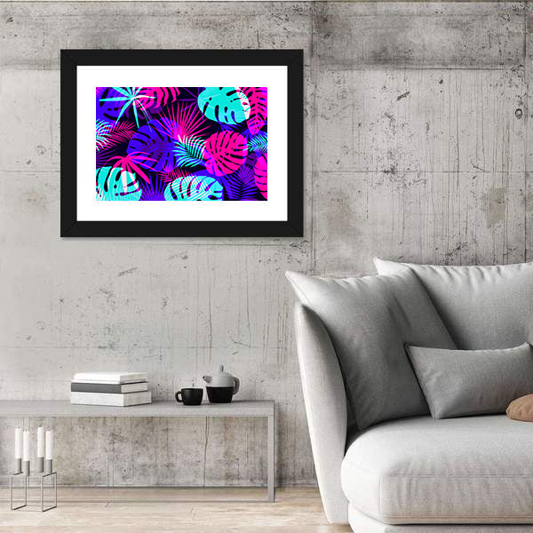 Neon Tropical Leaves Pattern Canvas Wall Art