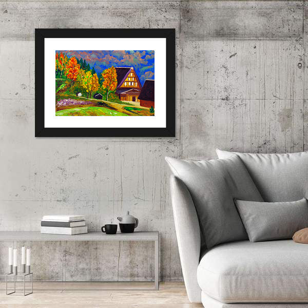 Autumn Gassho-zukuri Village with Glowing Windows Canvas Wall Art
