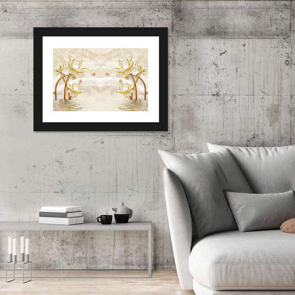 Gold-edged Lotus and Butterflies Illustration Canvas Wall Art