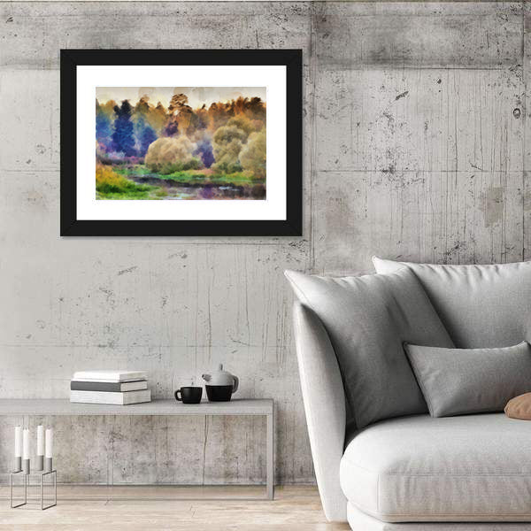 Autumn Watercolor Forest with River Canvas Wall Art