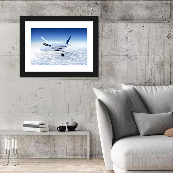 White Jet Banking Above Cumulus Clouds Canvas Wall Art