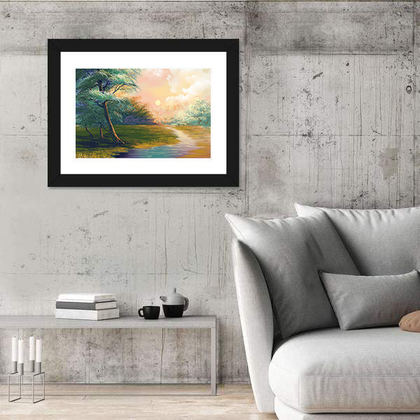 River In Spring Forest Sunset Canvas Wall Art