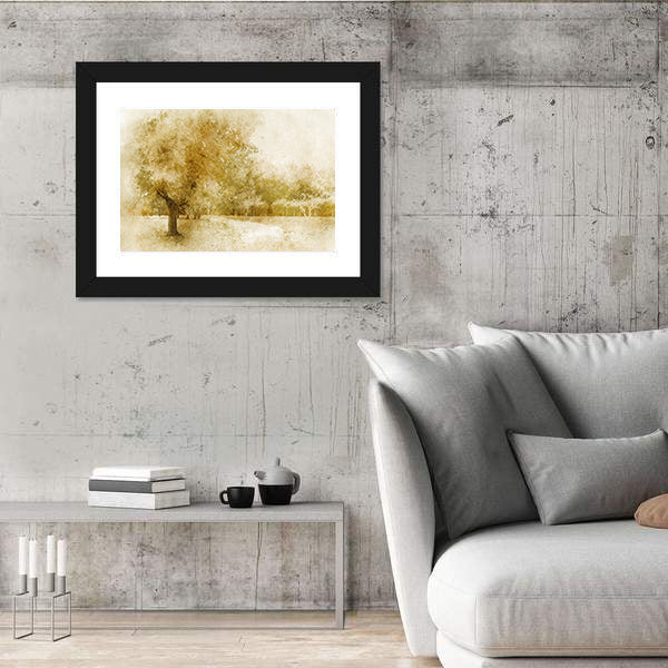 Sepia Autumn Park with Lone Tree Canvas Wall Art