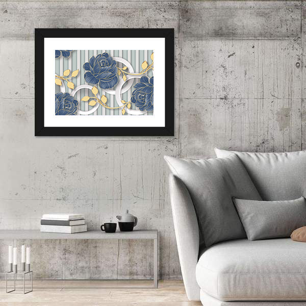 Abstract Blue Roses with Gold Leaves and Rings Canvas Wall Art