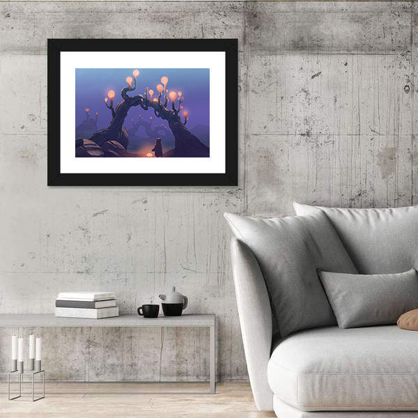 Surreal Jungle with Cloaked Figure Canvas Wall Art