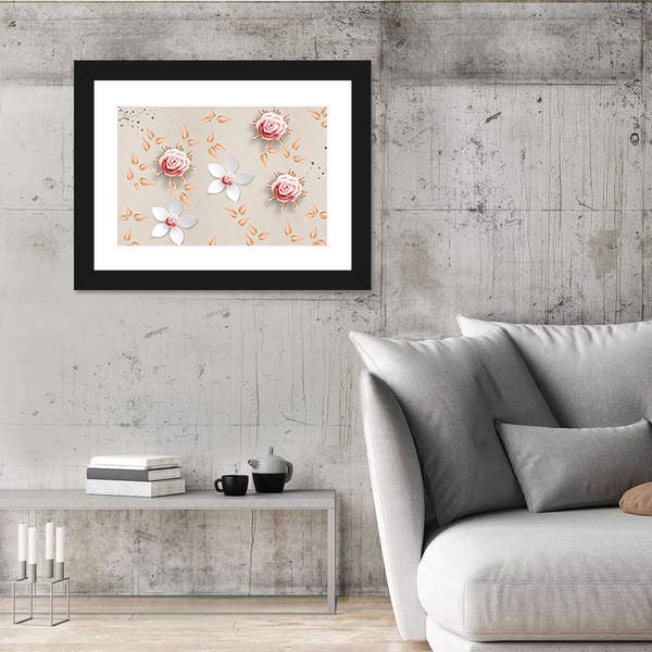 3d Stylized Pink Roses and White Flowers Canvas Wall Art