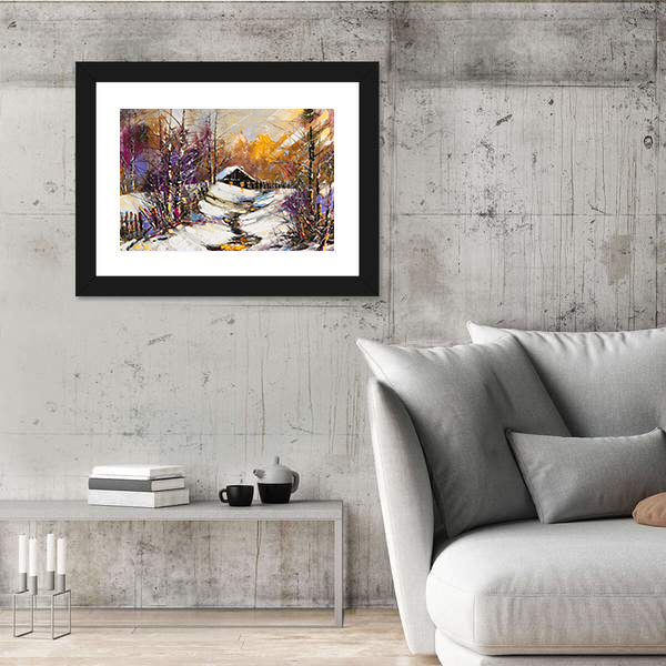 Rural Winter Landscape with Cabin Canvas Wall Art