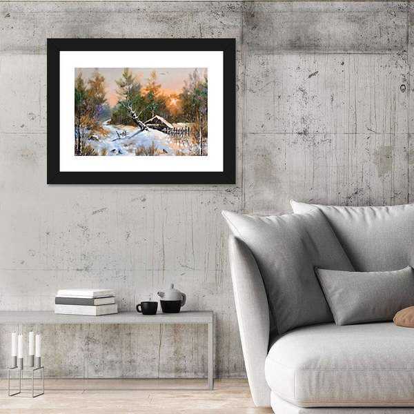 Snowy Cabin in Winter Forest Canvas Wall Art