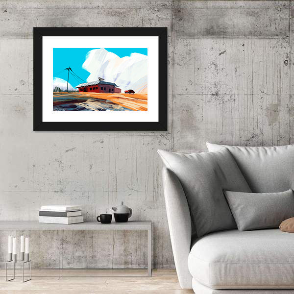 Red House and Vintage Car in Desert Canvas Wall Art