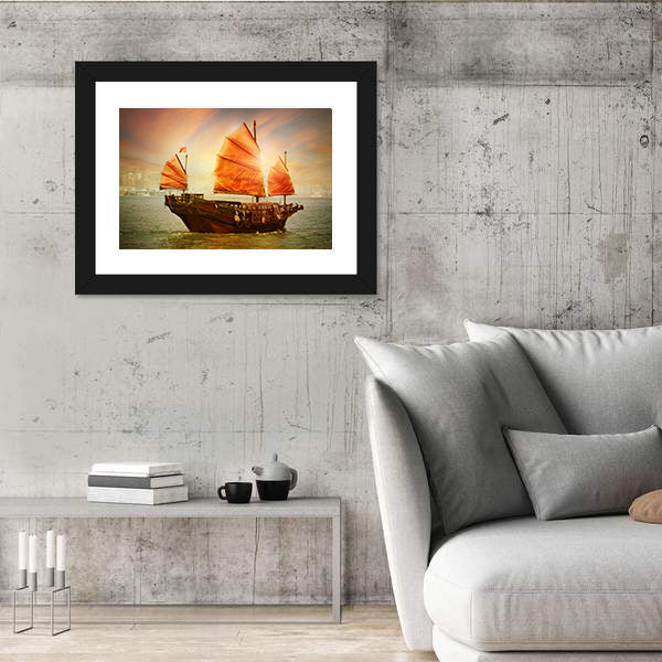 Chinese Junk Boat at Sunset Canvas Wall Art