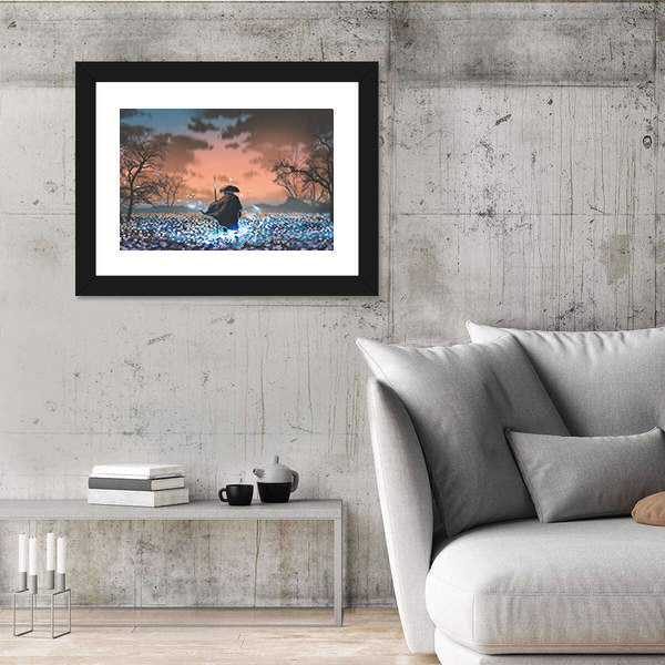Ancient Samurai in Flowered Meadow Canvas Wall Art