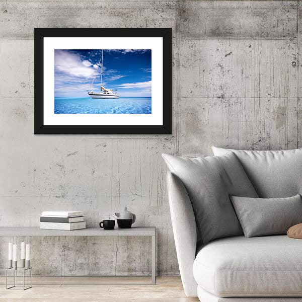 Single-masted White Sailboat on Turquoise Water Canvas Wall Art