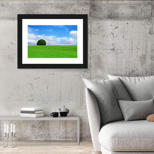 Lone Tree in Vibrant Green Field Canvas Wall Art