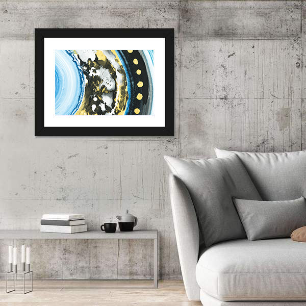 Blue and Black Abstract with Gold Dots Canvas Wall Art