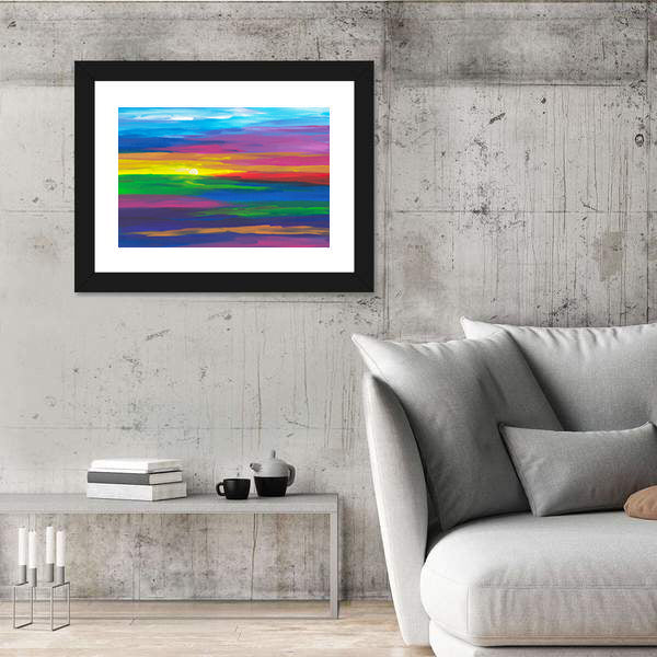 Abstract Sunset Landscape with Impasto Sun Canvas Wall Art