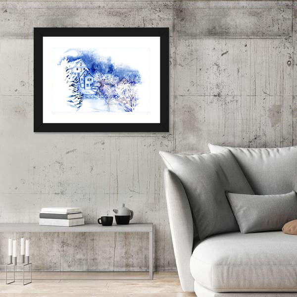 Snow-covered Houses Watercolor Landscape Canvas Wall Art