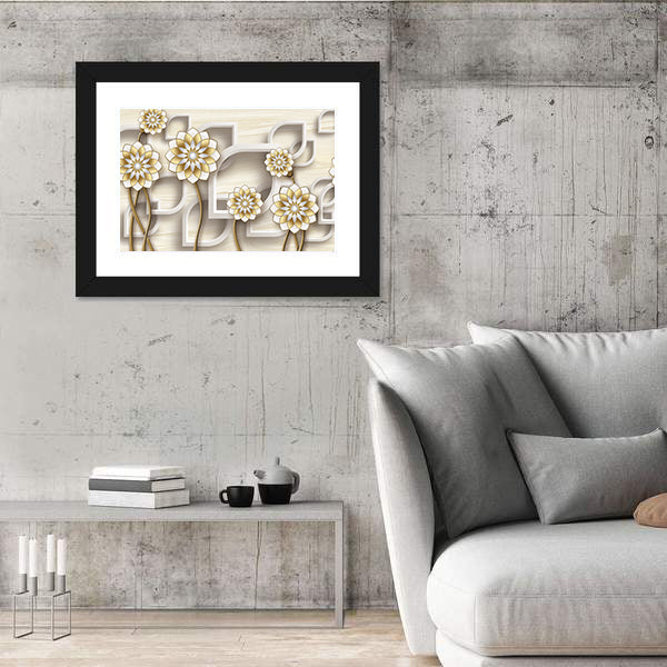 3d Gold and White Floral Illustration Canvas Wall Art