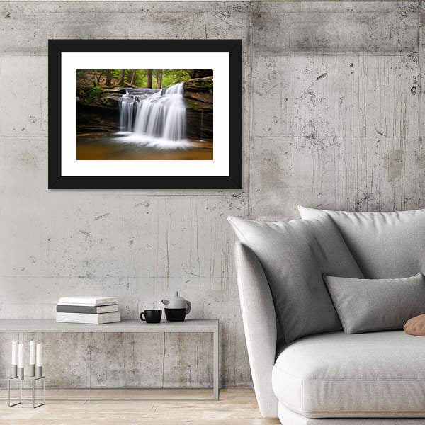 Cascading Forest Waterfall Over Layered Rocks Canvas Wall Art