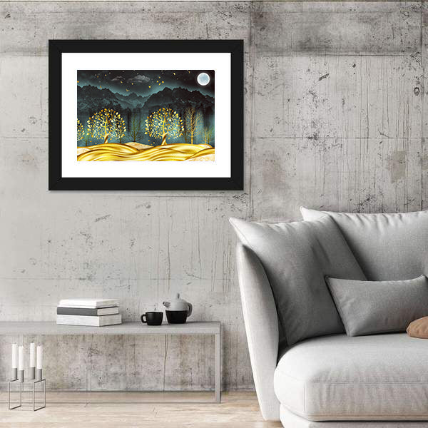 Moonlit Golden Trees Abstract Landscape Canvas Wall Art