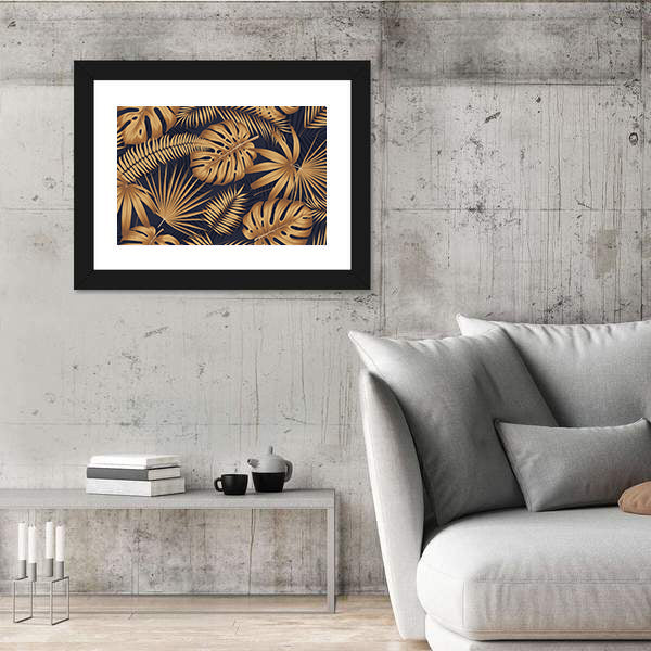 Golden Monstera and Palm Leaves Canvas Wall Art