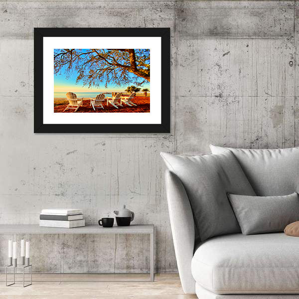 Four White Adirondack Chairs at Sunset Canvas Wall Art