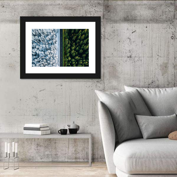 Highway Road Through Forest In Summer And Winter Canvas Wall Art