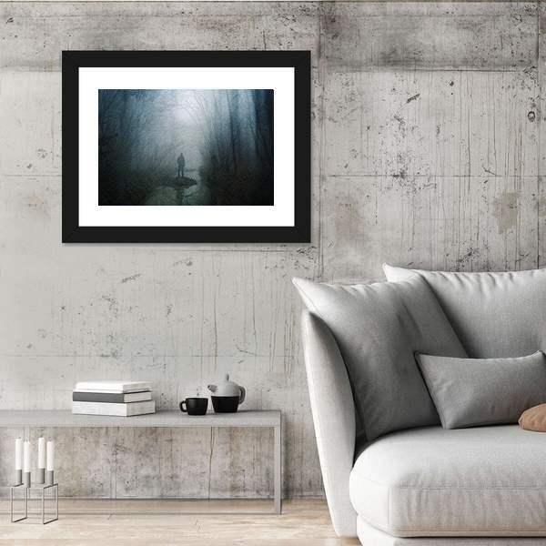 Silhouette at Stream in Misty Forest Canvas Wall Art