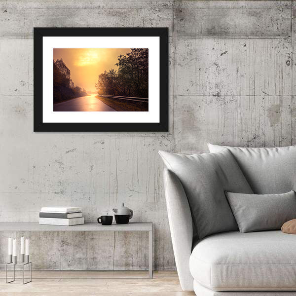 Windy Road Among The Forest At Sunset Canvas Wall Art
