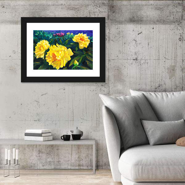 Blooming Yellow Peonies with Textured Blue Background Canvas Wall Art