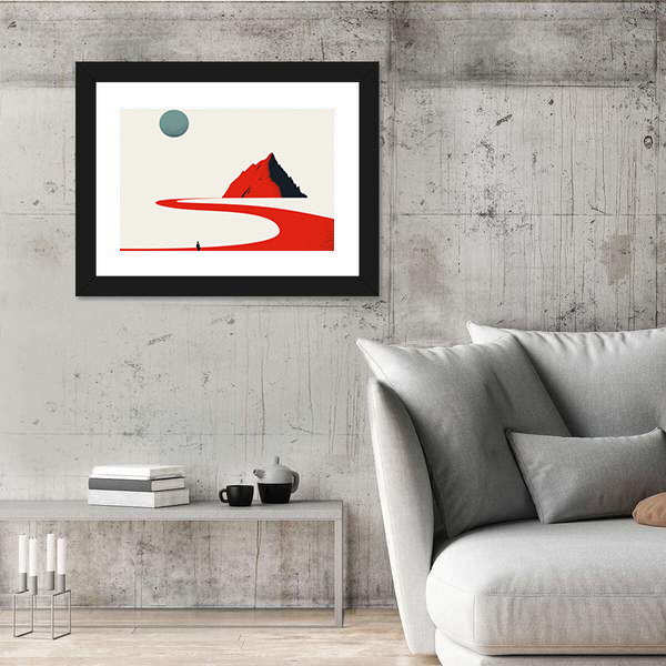 Solitary Figure on Red Path to Geometric Mountain Canvas Wall Art