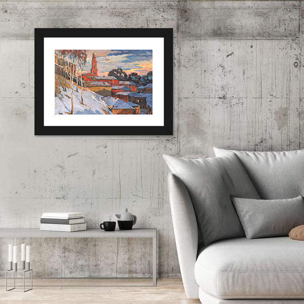 Snowy Hillside Town with Belfry Tower Canvas Wall Art
