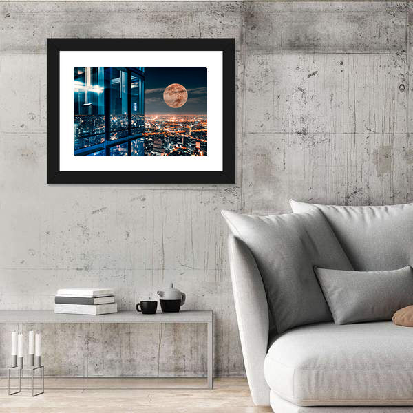 Bangkok Night Skyline with Full Moon Canvas Wall Art