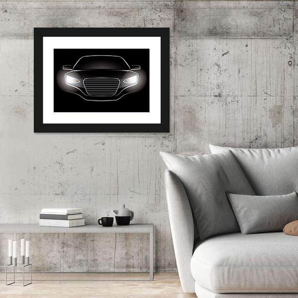 Black Car Silhouette with Glowing Headlights Canvas Wall Art