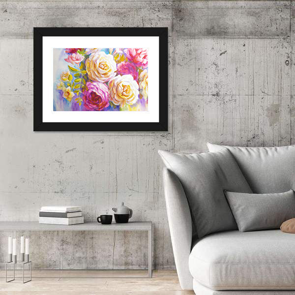 Sketch Of Peonies And Roses Bouquet Canvas Wall Art