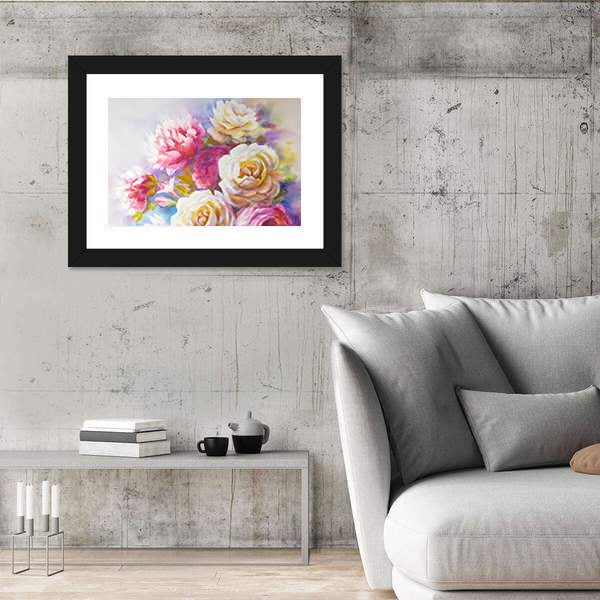 Watercolor Roses And Peonies Sketch Canvas Wall Art