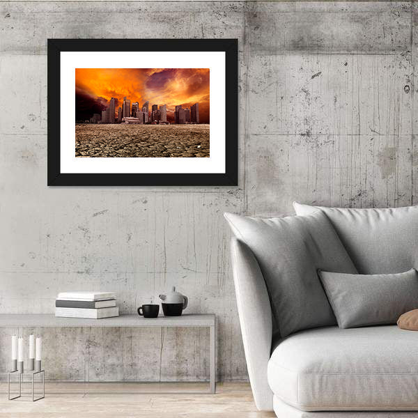 Apocalyptic City Skyline Over Cracked Earth Canvas Wall Art