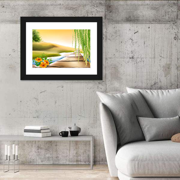 Wooden Footbridge Over Meadow Stream Canvas Wall Art