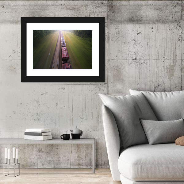 Freight Train Travels Through Foggy Forest Canvas Wall Art