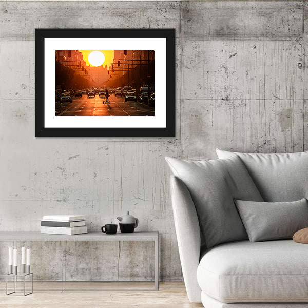 Sunset City Street with Scooter Canvas Wall Art