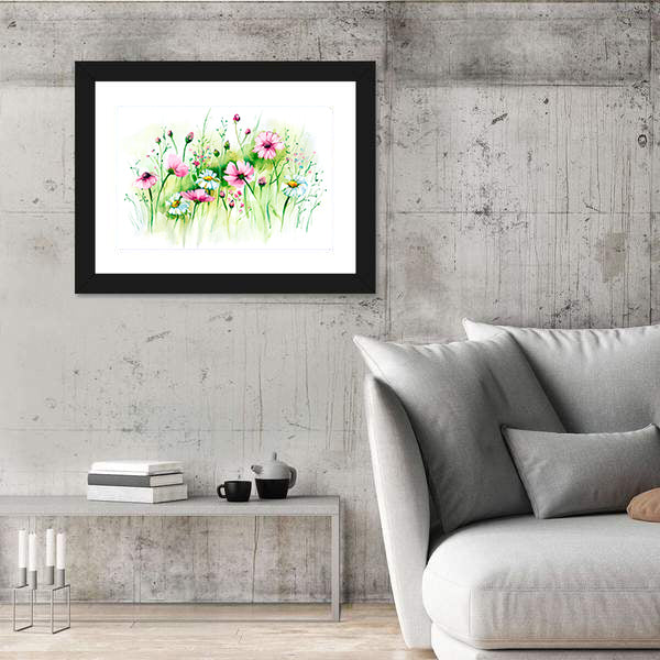 Pink Cosmos and White Daisies Meadow Canvas Wall Art