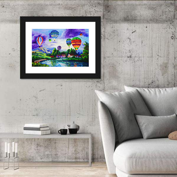 Hot Air Balloons Over River Village Canvas Wall Art
