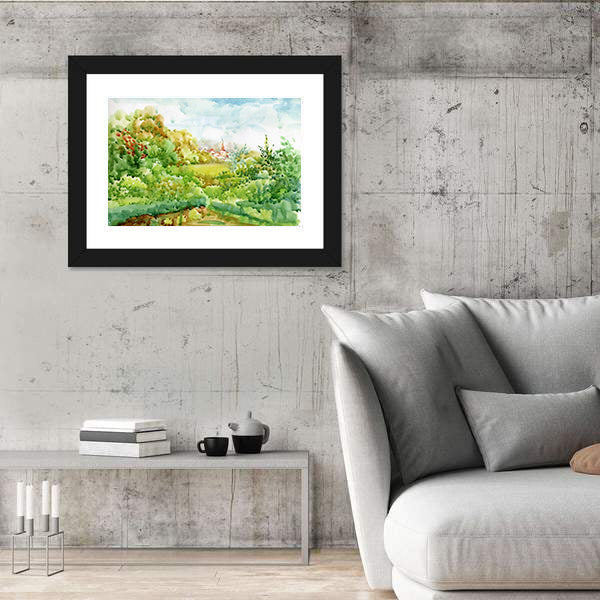 Village Watercolor Landscape with Red-roofed Church Canvas Wall Art