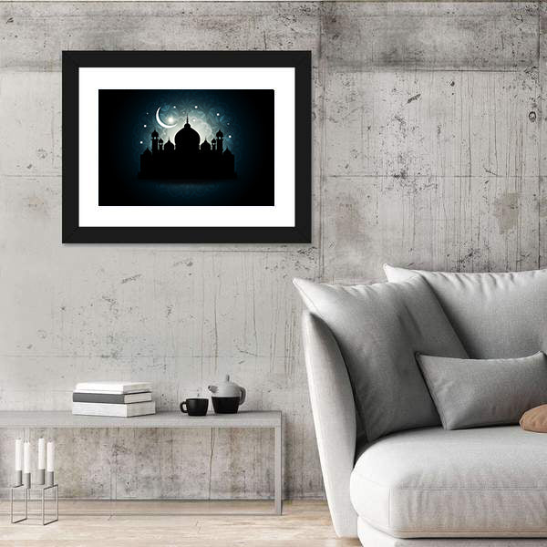 Mosque Silhouette with Crescent Moon and Mandala Canvas Wall Art