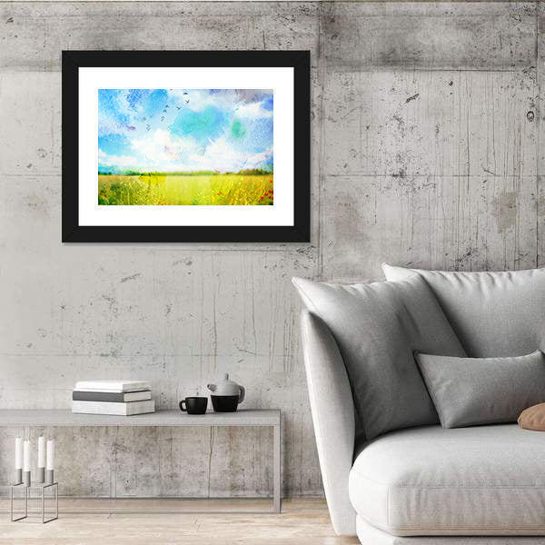 Village Meadow Watercolor Landscape Canvas Wall Art