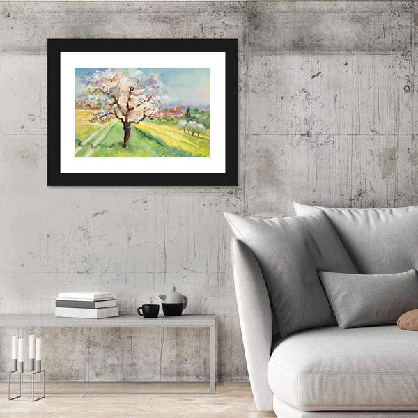 Village Life Watercolor Landscape Canvas Wall Art