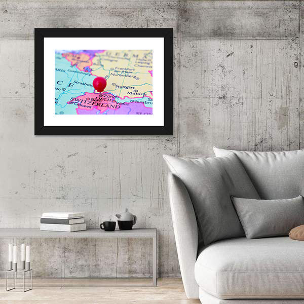 Red Pushpin on Map of Switzerland Canvas Wall Art