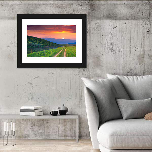 Sunset Meadow with River and Dirt Road Canvas Wall Art