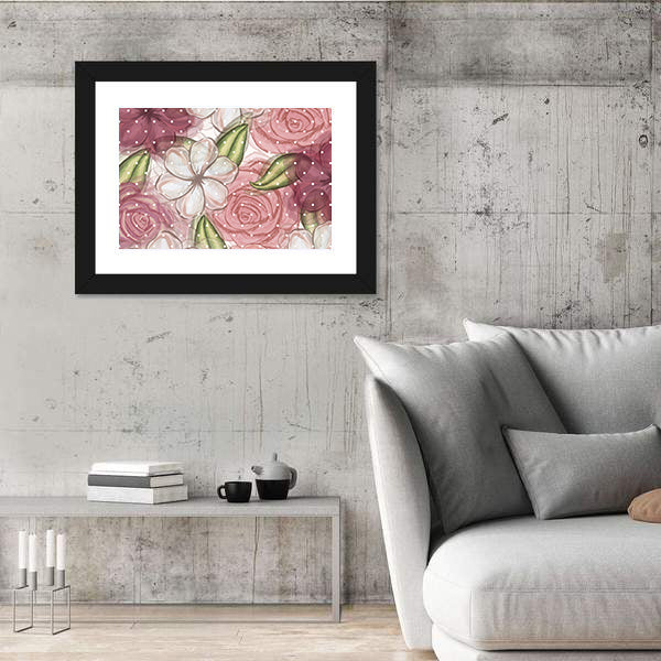 Pink Roses and White Blossoms Pattern Canvas Wall Art