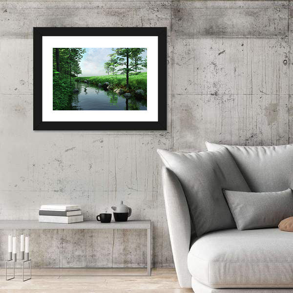 Green Meadow by a Winding Stream Canvas Wall Art
